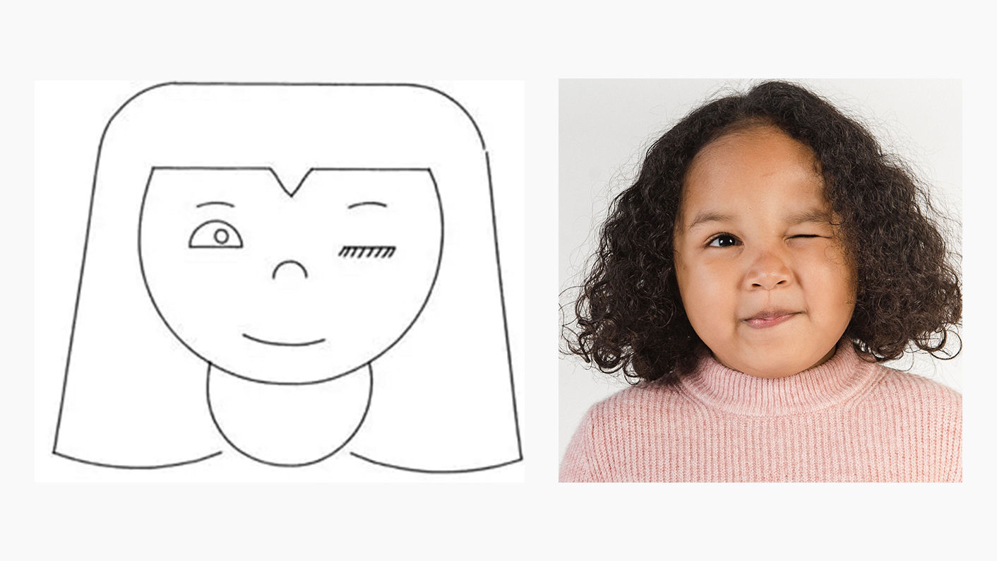 A simple illustration of a winking girl next to a photograph of a winking girl.